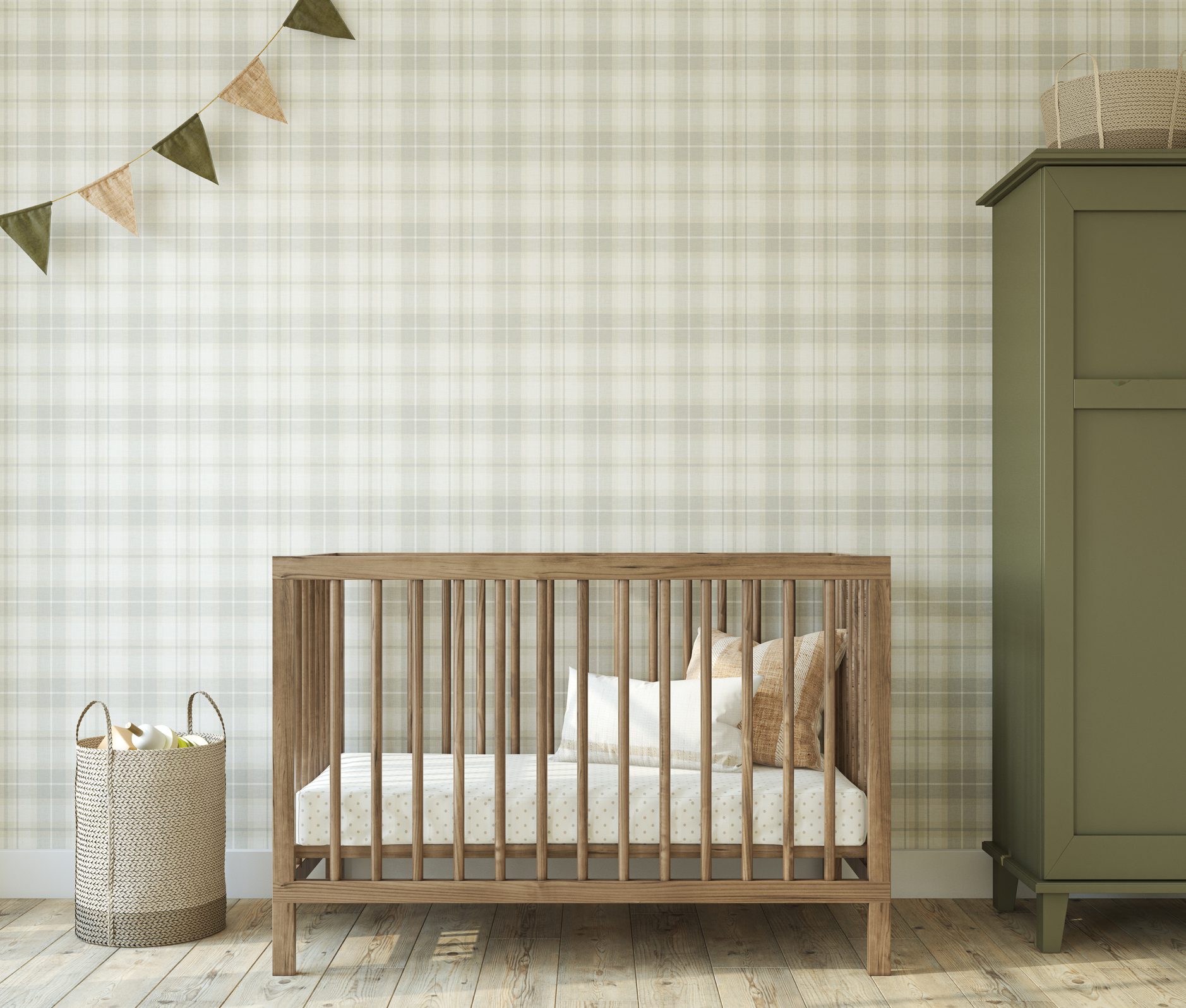 Nursery interior in farmhouse style. Interior mockup. 3d render.