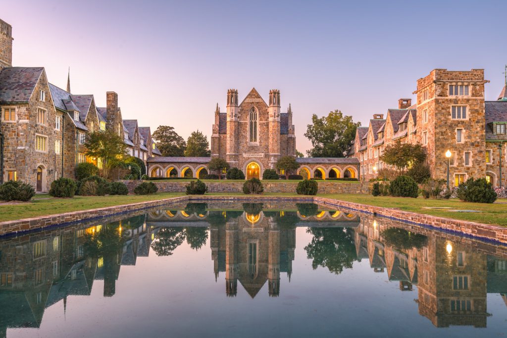 Berry College historic campus at twilight in Floyd County, Georgia, USA.