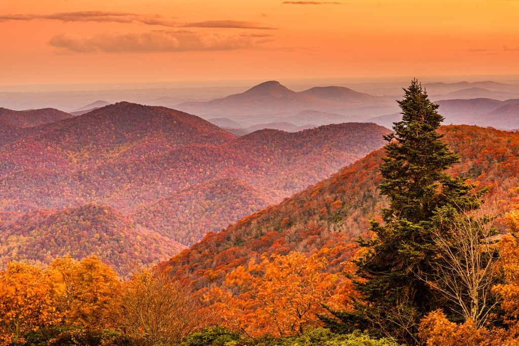 View from Brasstown Bald, Georgia, USA of the Blue Ridge Mountains in autumn at dusk.