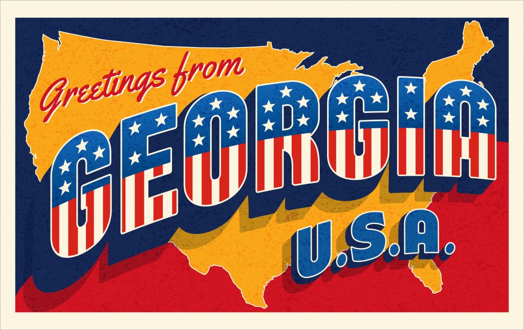 Greetings from Georgia USA. Retro style postcard with patriotic stars and stripes lettering and United States map in the background. Vector illustration.