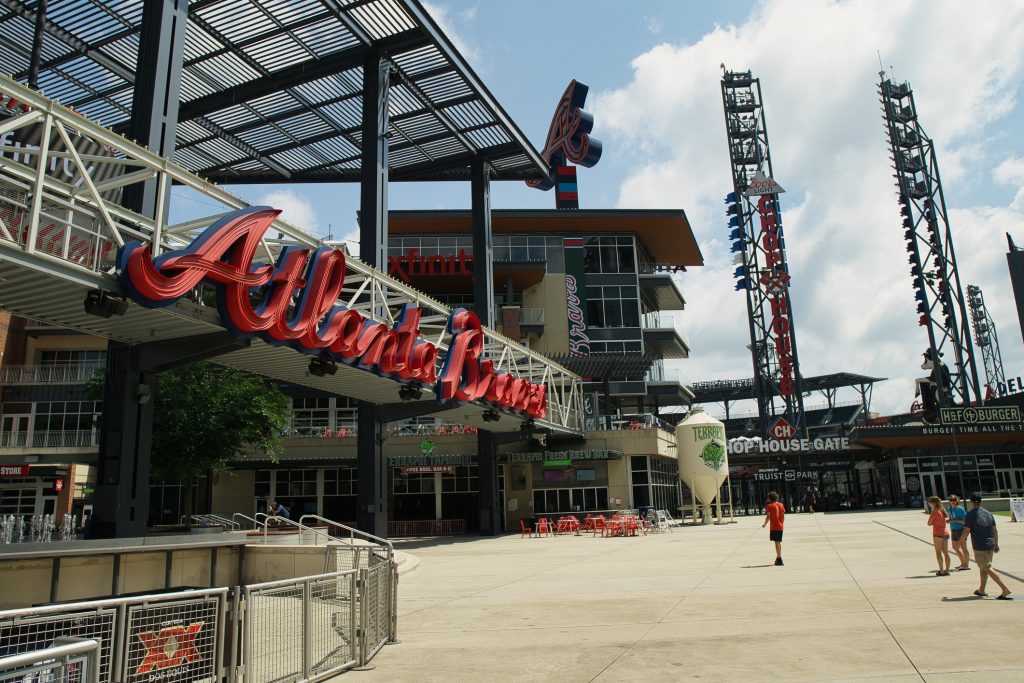 Atlanta, GA, USA: June 12,2021-An entrance to Truist Stadium in Atlanta, Georgia. The stadium is a ballpark and the home field of Major League Baseball team of Atlanta Braves.