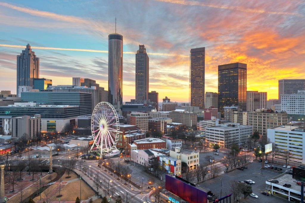 Atlanta, Georgia, USA downtown skyline at dawn.