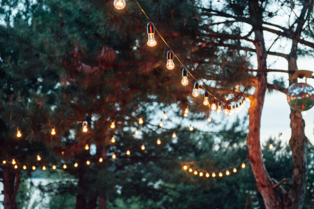 Light bulb decor in outdoor party. Wedding day outdoor space